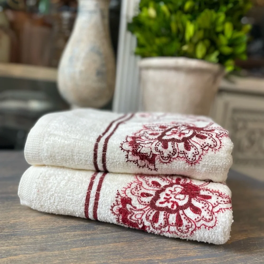 Vintage cream white & red hand towels